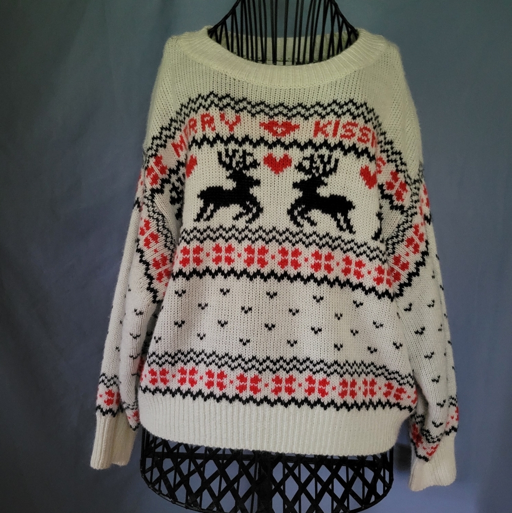 H&M Merry Kissmas Reindeer Fair Isle Christmas Knit Sweater size Medium